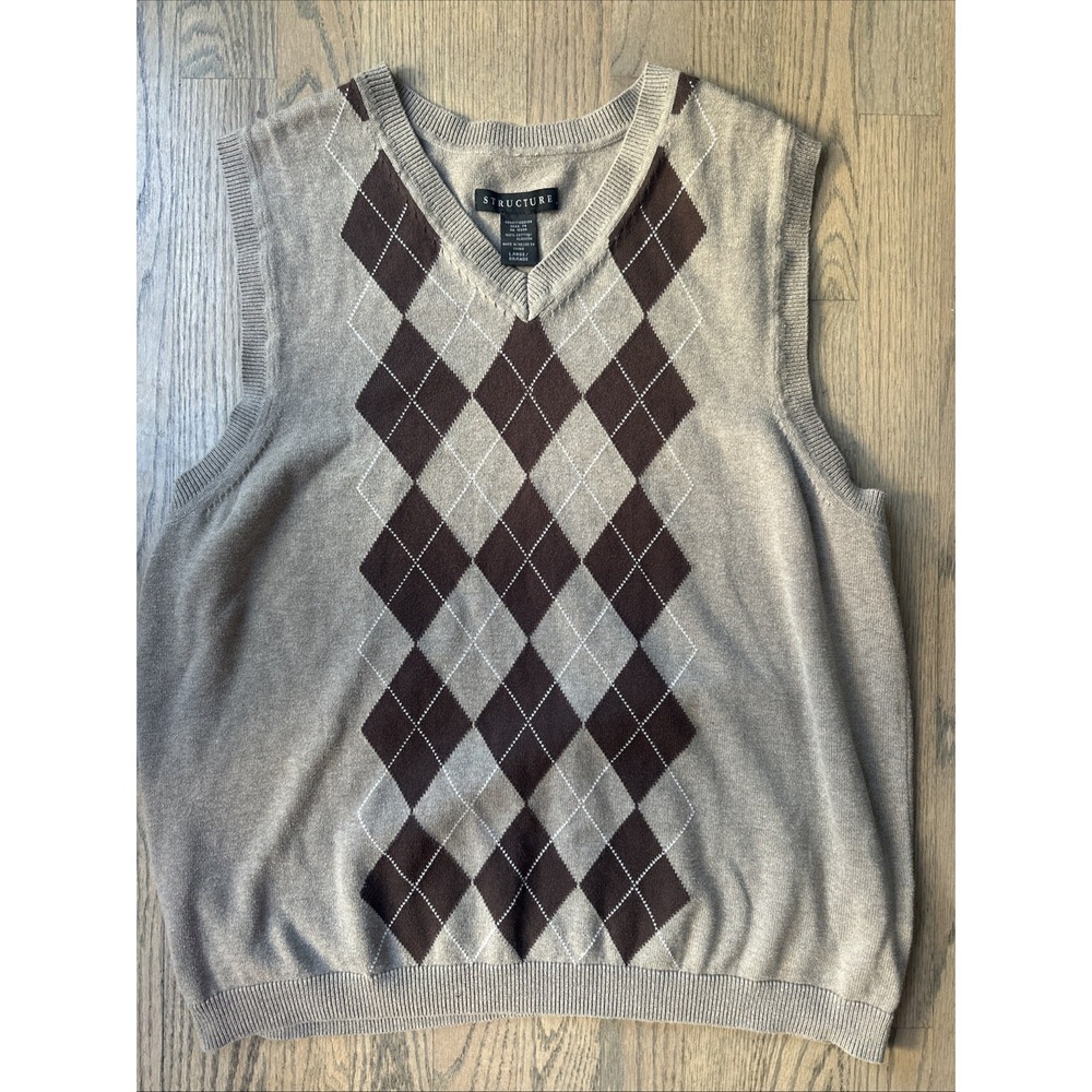 Structure Sleeveless Knit Argyle Pullover Sweater Men Size L Khaki And Brown Vtg